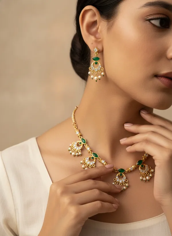 Gold_Tone_Green_Stone_Necklace_And_Earrings_Set_for_Women