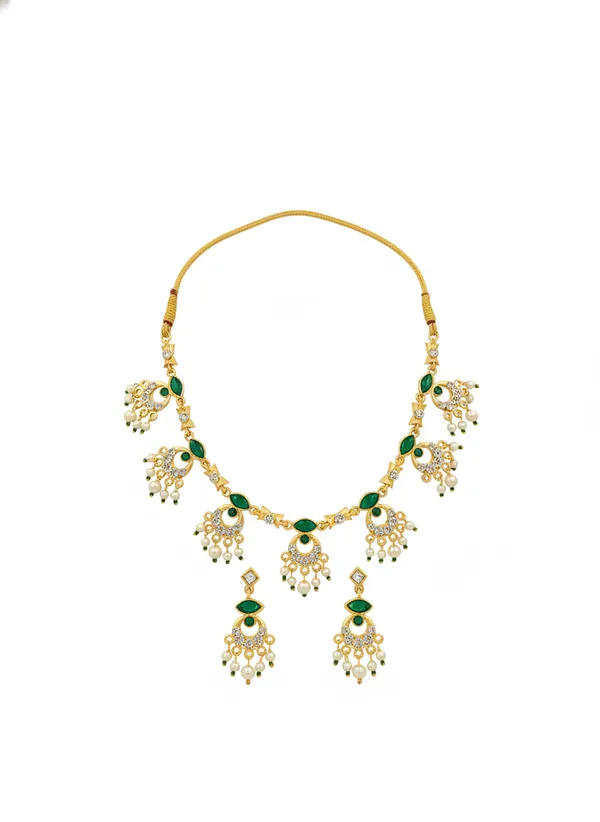 Gold_Tone_Green_Stone_Necklace_And_Earrings_Set_for_Women