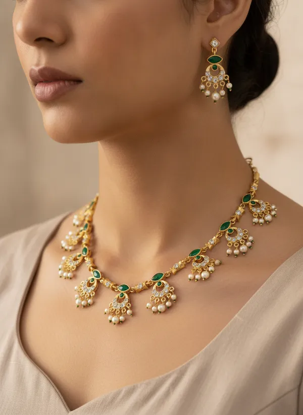 Gold_Tone_Green_Stone_Necklace_And_Earrings_Set_for_Women