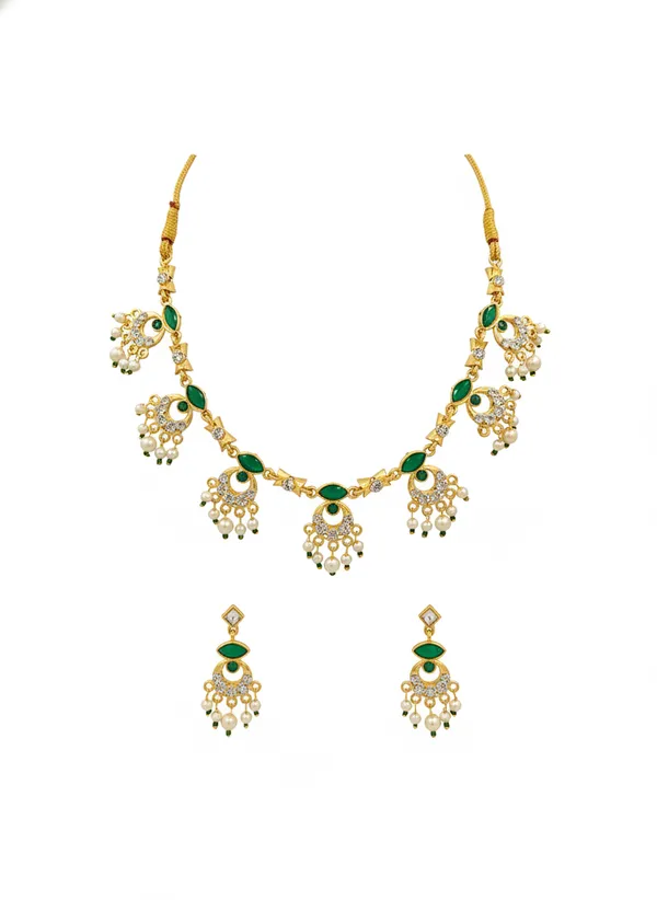 Gold_Tone_Green_Stone_Necklace_And_Earrings_Set_for_Women