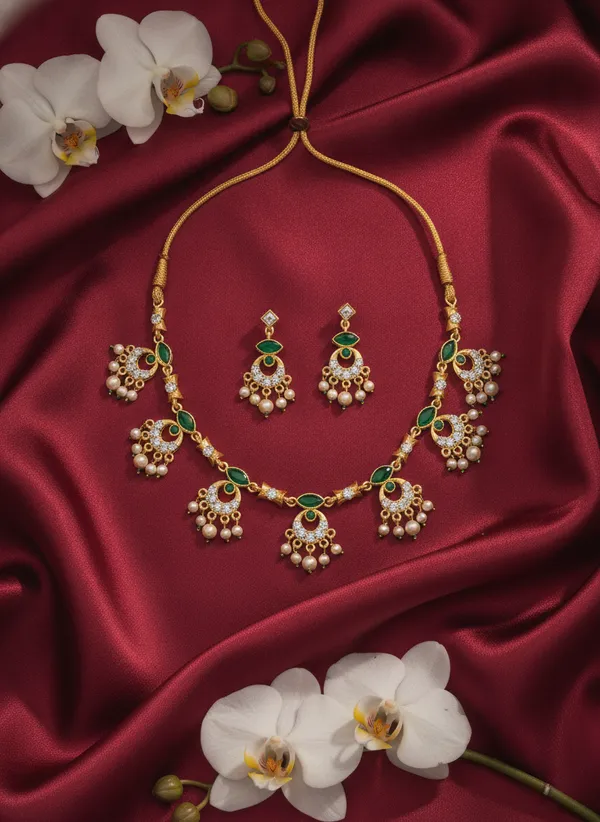 Gold_Tone_Green_Stone_Necklace_And_Earrings_Set_for_Women