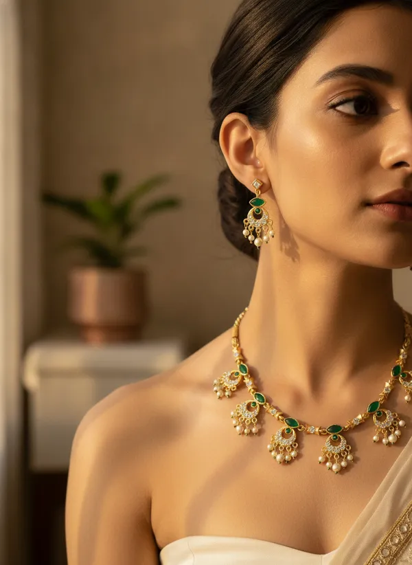 Gold_Tone_Green_Stone_Necklace_And_Earrings_Set_for_Women