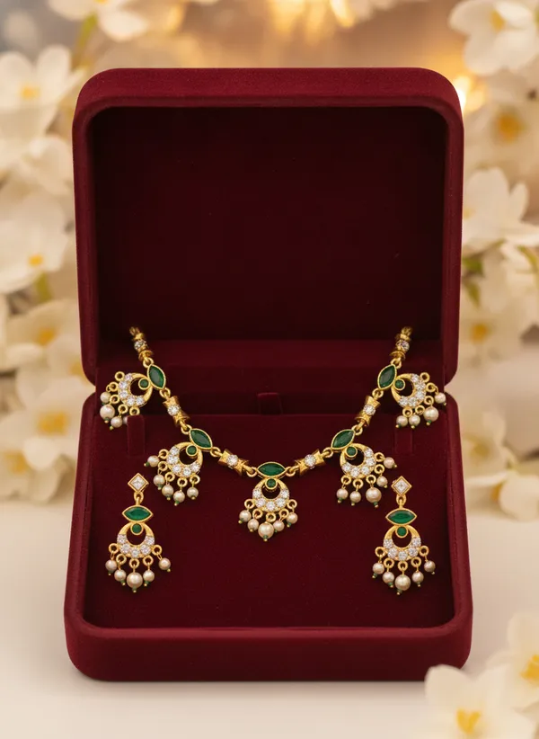 Gold_Tone_Green_Stone_Necklace_And_Earrings_Set_for_Women