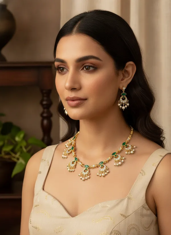 Gold_Tone_Green_Stone_Necklace_And_Earrings_Set_for_Women
