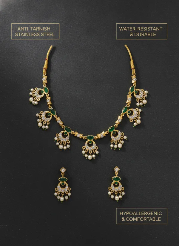 Gold_Tone_Green_Stone_Necklace_And_Earrings_Set_for_Women