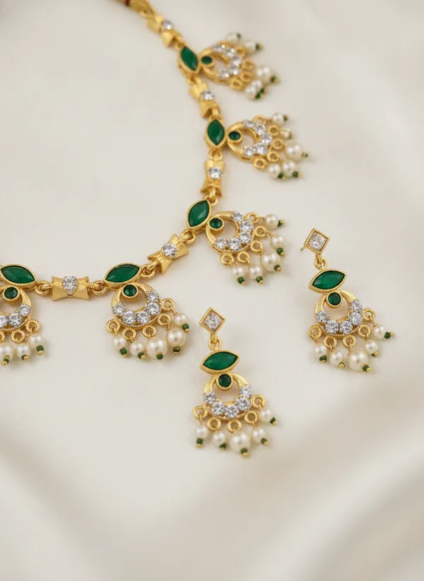 Gold_Tone_Green_Stone_Necklace_And_Earrings_Set_for_Women