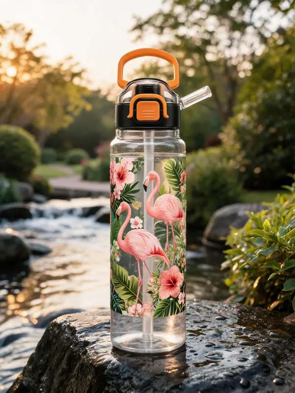 Plastic_Flamingo_Floral_Print_Water_Bottle_With_Straw_And_Handle