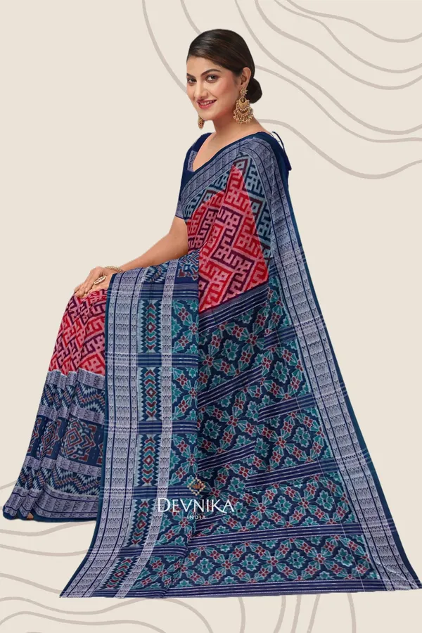 White_Blue_Cotton_Fish_Bandha_Handloom_Saree_For_Women