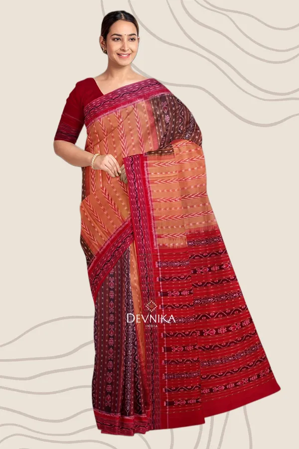 Brown_Cotton_Pancha_Mukhi_Bandha_Handloom_Saree_For_Women