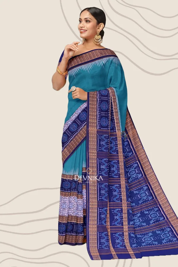 Sea_Green_Cotton_Handloom_Big_Border_Bandha_Saree_For_Women