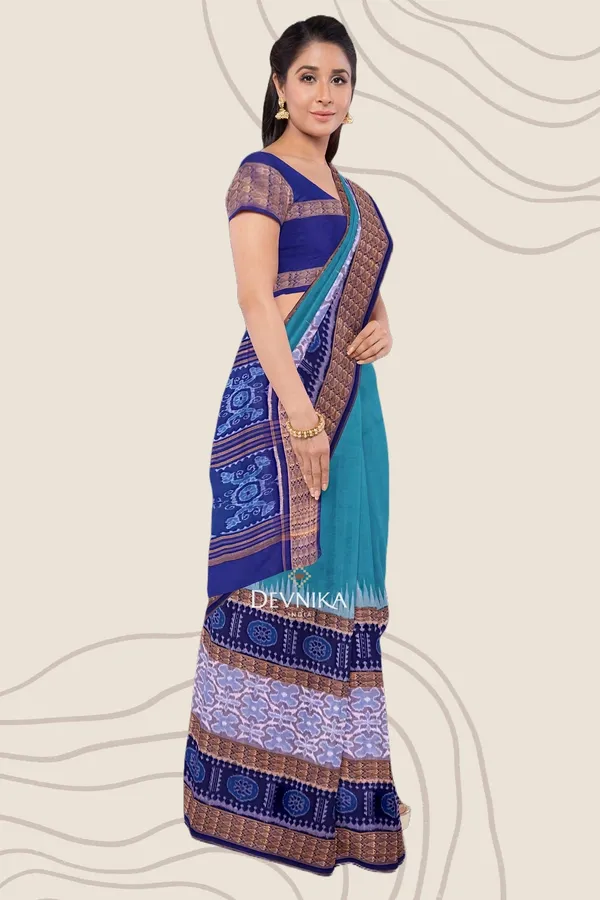 Sea_Green_Cotton_Handloom_Big_Border_Bandha_Saree_For_Women