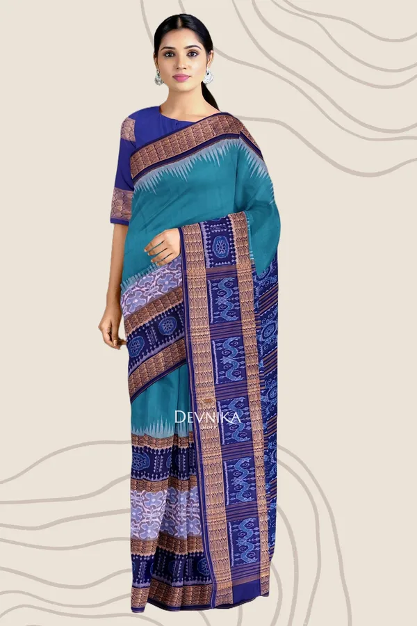 Sea_Green_Cotton_Handloom_Big_Border_Bandha_Saree_For_Women