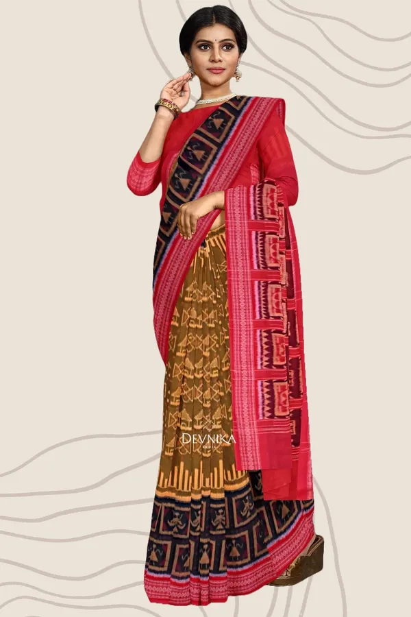 Golden_Brown_Cotton_Handloom_Big_Border_Bandha_Saree_For_Women