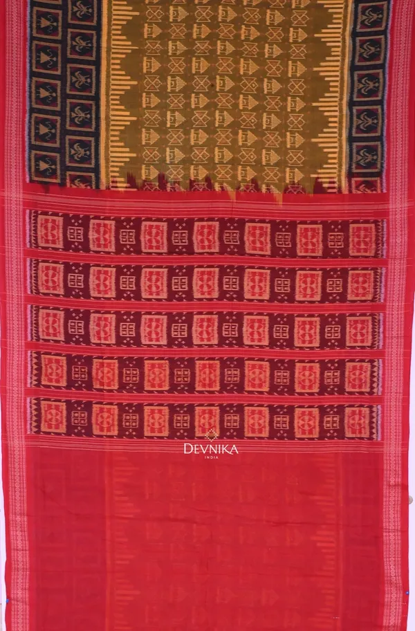 Golden_Brown_Cotton_Handloom_Big_Border_Bandha_Saree_For_Women