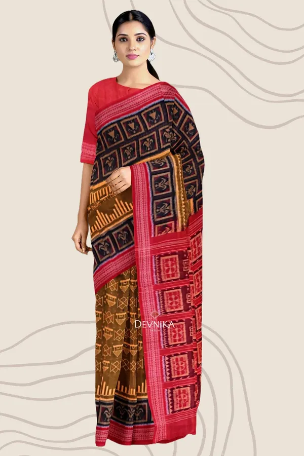 Golden_Brown_Cotton_Handloom_Big_Border_Bandha_Saree_For_Women