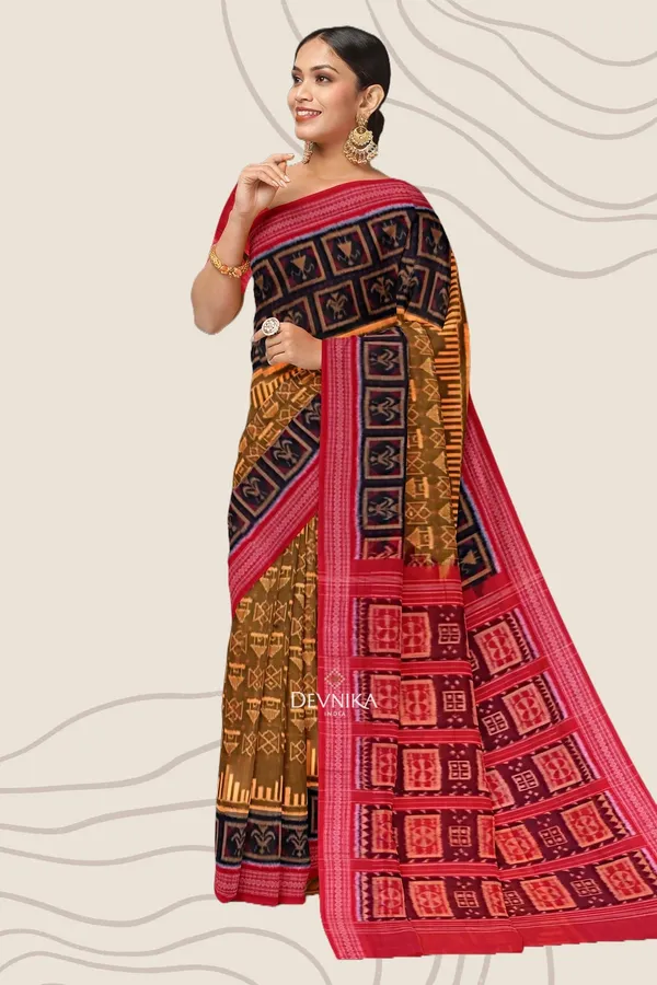 Golden_Brown_Cotton_Handloom_Big_Border_Bandha_Saree_For_Women