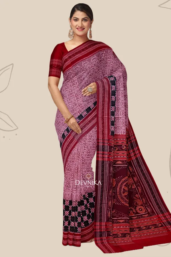 White_Dusty_Rose_Cotton_Handloom_Big_Border_Bandha_Saree_For_Women