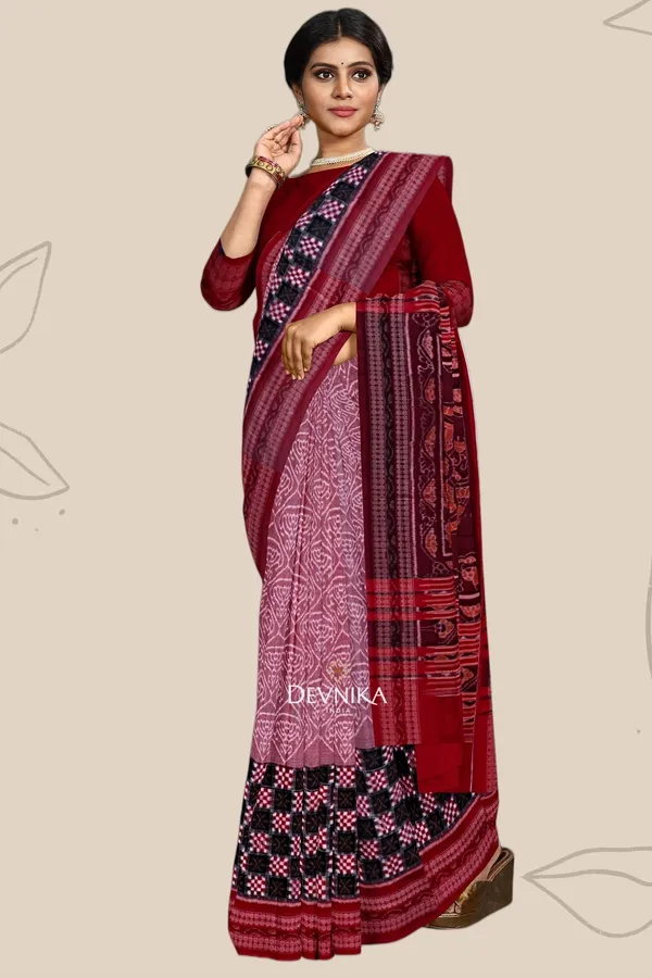 White_Dusty_Rose_Cotton_Handloom_Big_Border_Bandha_Saree_For_Women