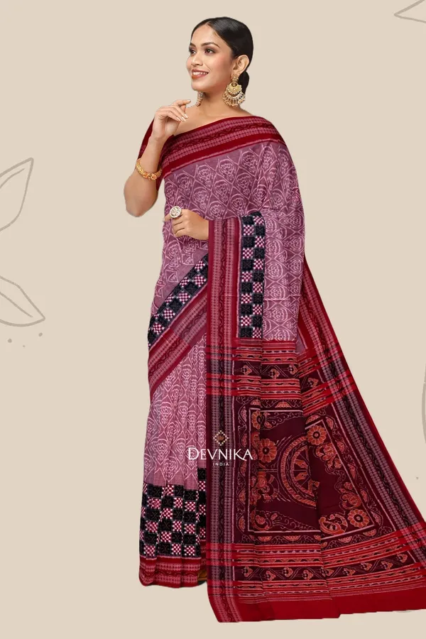 White_Dusty_Rose_Cotton_Handloom_Big_Border_Bandha_Saree_For_Women