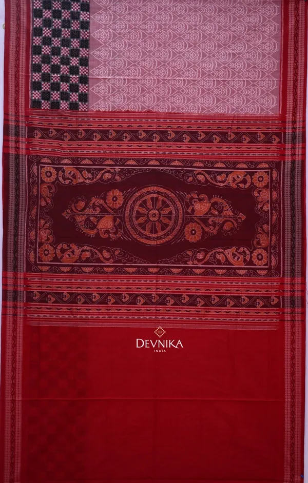 White_Dusty_Rose_Cotton_Handloom_Big_Border_Bandha_Saree_For_Women