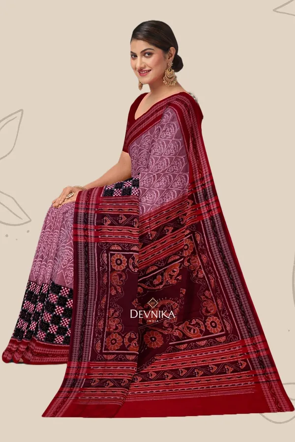 White_Dusty_Rose_Cotton_Handloom_Big_Border_Bandha_Saree_For_Women