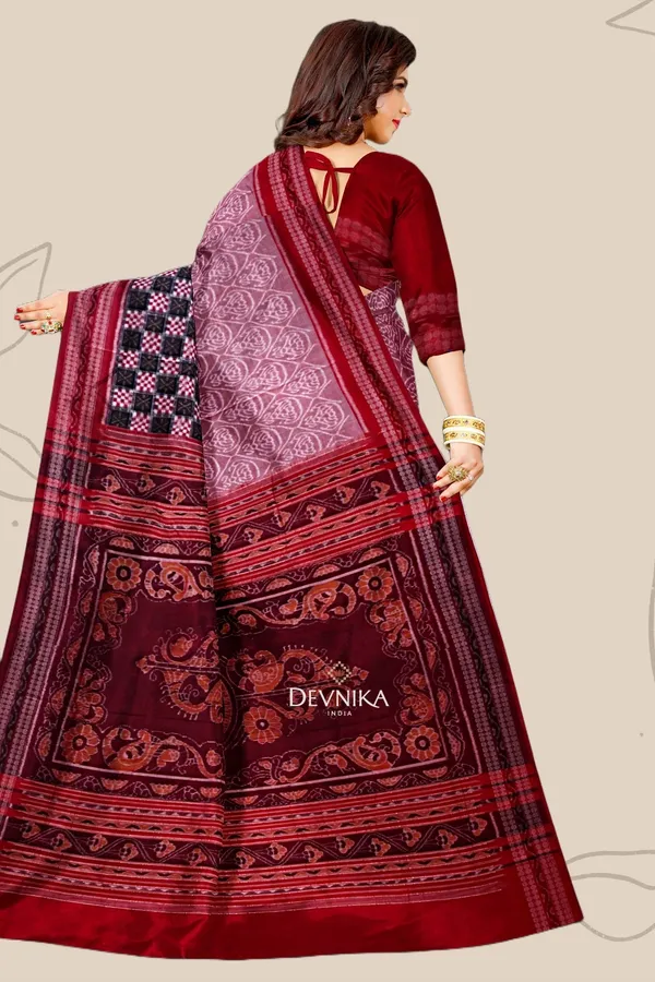 White_Dusty_Rose_Cotton_Handloom_Big_Border_Bandha_Saree_For_Women
