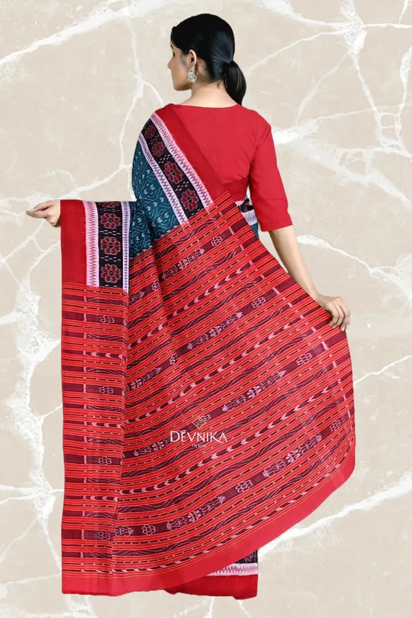 Sea_Green_Cotton_Double_Border_Bandha_Handloom_Saree_For_Women
