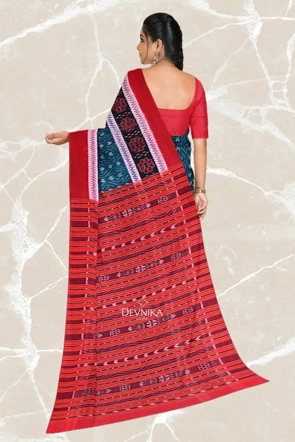 Sea_Green_Cotton_Double_Border_Bandha_Handloom_Saree_For_Women