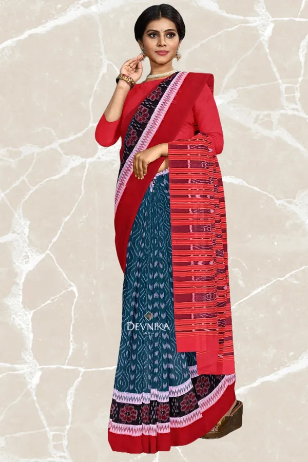 Sea_Green_Cotton_Double_Border_Bandha_Handloom_Saree_For_Women