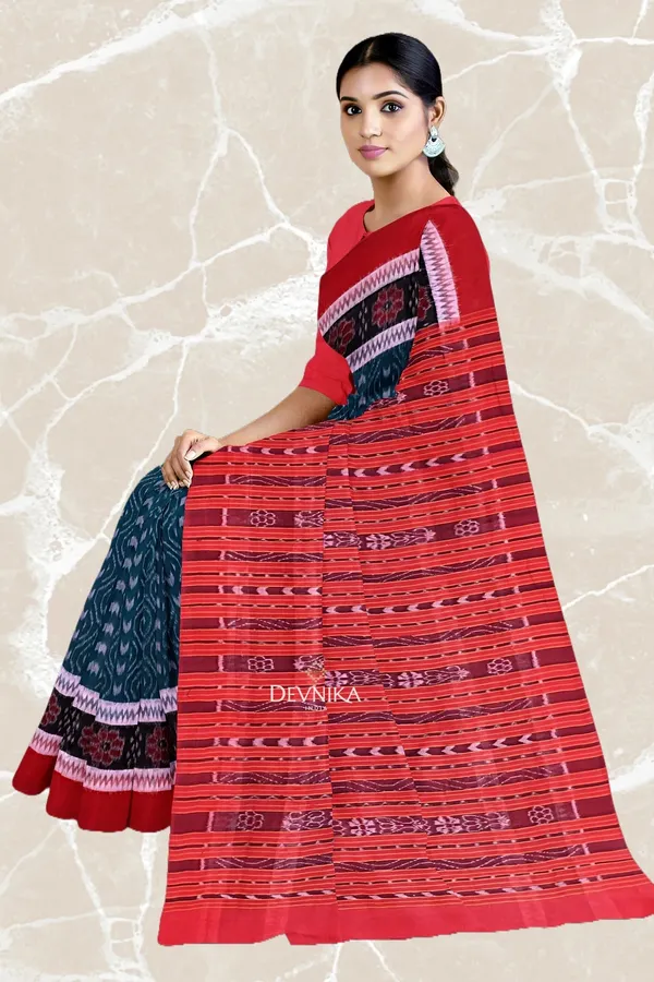 Sea_Green_Cotton_Double_Border_Bandha_Handloom_Saree_For_Women