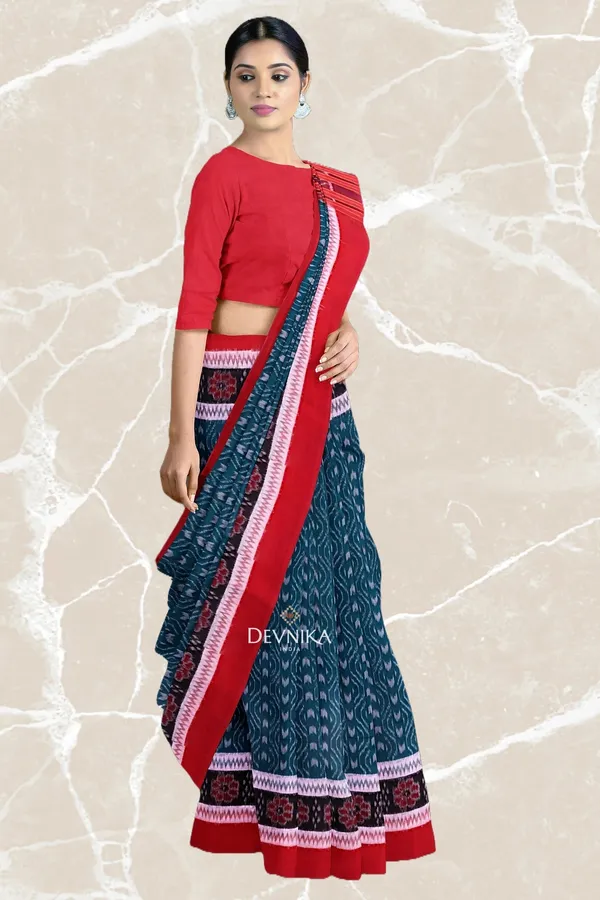 Sea_Green_Cotton_Double_Border_Bandha_Handloom_Saree_For_Women