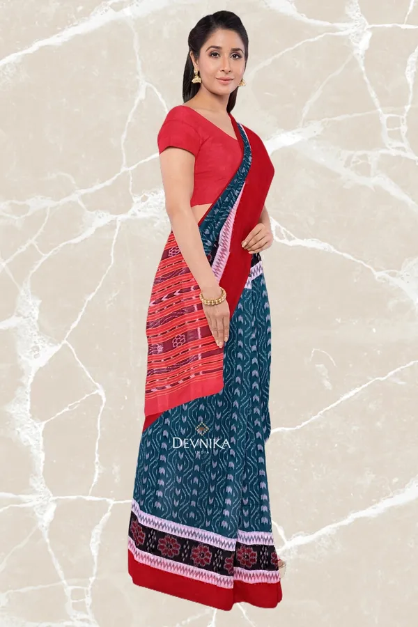 Sea_Green_Cotton_Double_Border_Bandha_Handloom_Saree_For_Women