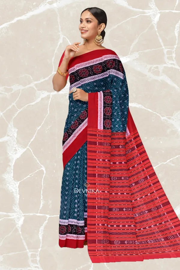 Sea_Green_Cotton_Double_Border_Bandha_Handloom_Saree_For_Women