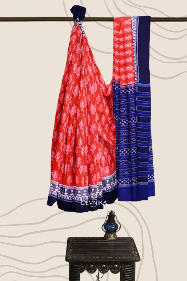 Orange_Cotton_Double_Border_Bandha_Handloom_Saree_For_Women