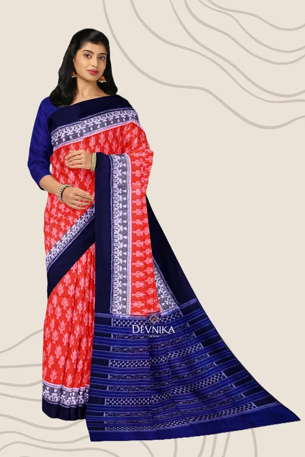 Orange_Cotton_Double_Border_Bandha_Handloom_Saree_For_Women