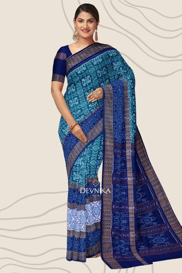 Cyan_Cotton_Double_Border_Bandha_Handloom_Saree_For_Women