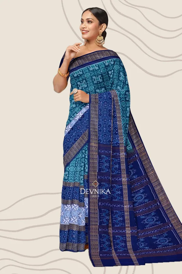 Cyan_Cotton_Double_Border_Bandha_Handloom_Saree_For_Women