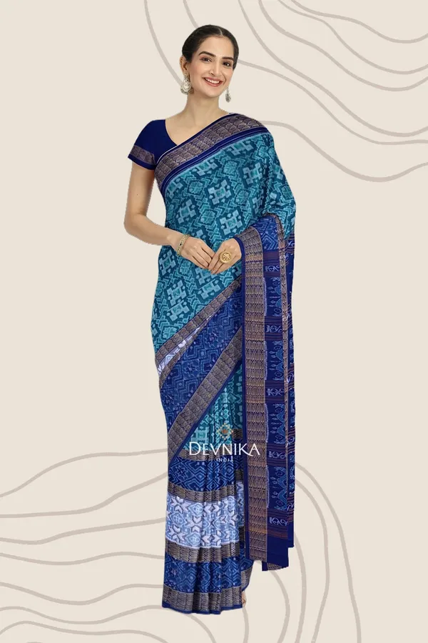 Cyan_Cotton_Double_Border_Bandha_Handloom_Saree_For_Women
