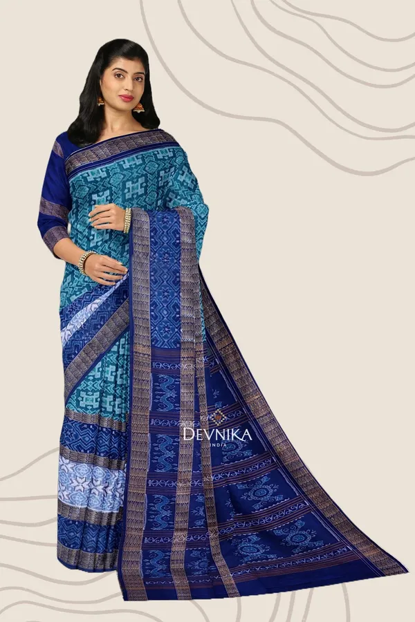 Cyan_Cotton_Double_Border_Bandha_Handloom_Saree_For_Women
