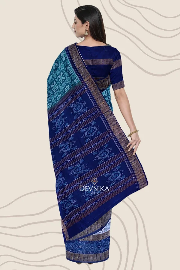 Cyan_Cotton_Double_Border_Bandha_Handloom_Saree_For_Women