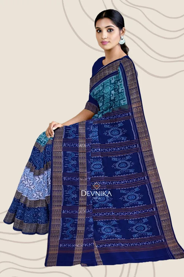 Cyan_Cotton_Double_Border_Bandha_Handloom_Saree_For_Women