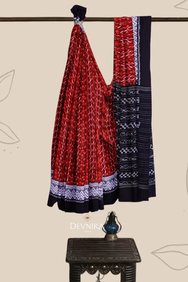 Brown_Cotton_Double_Border_Bandha_Handloom_Saree_For_Women