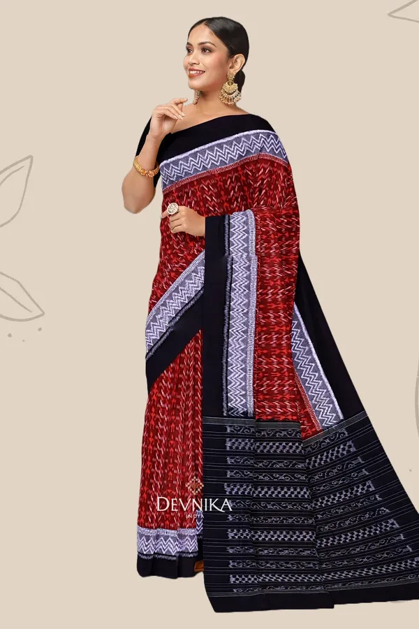 Brown_Cotton_Double_Border_Bandha_Handloom_Saree_For_Women