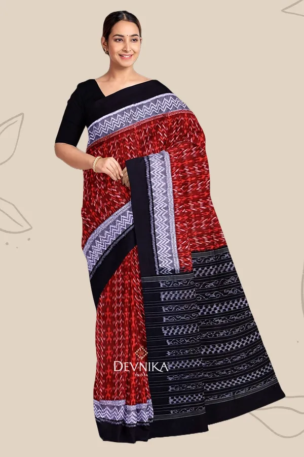Brown_Cotton_Double_Border_Bandha_Handloom_Saree_For_Women