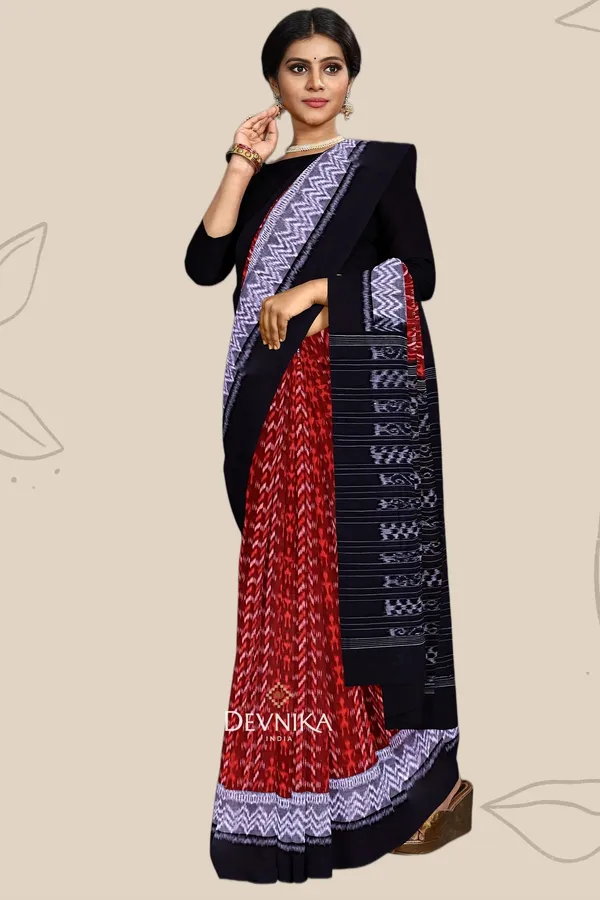 Brown_Cotton_Double_Border_Bandha_Handloom_Saree_For_Women