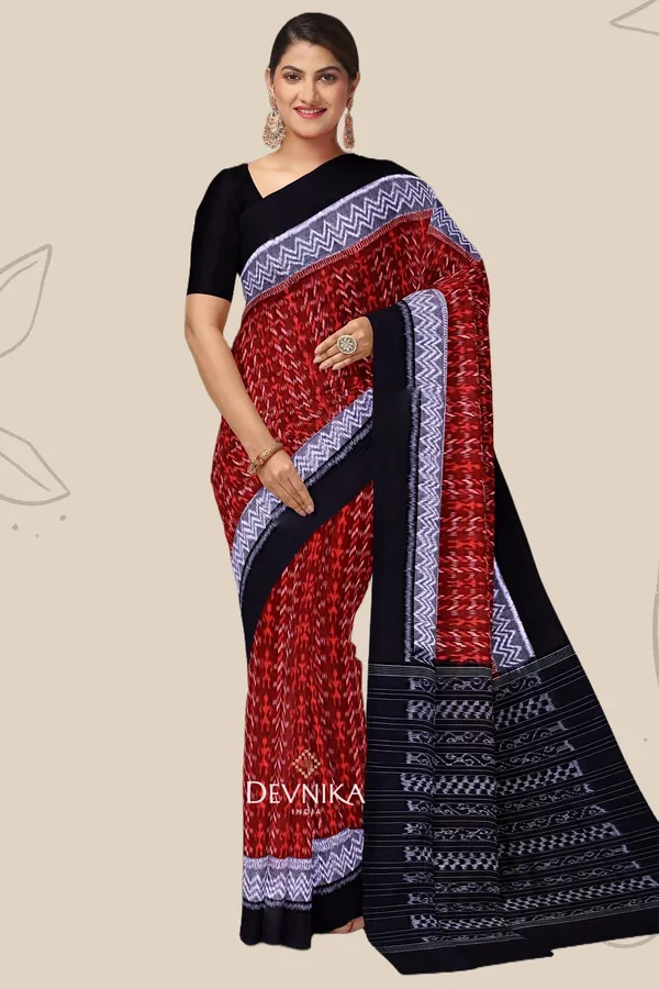 Brown_Cotton_Double_Border_Bandha_Handloom_Saree_For_Women