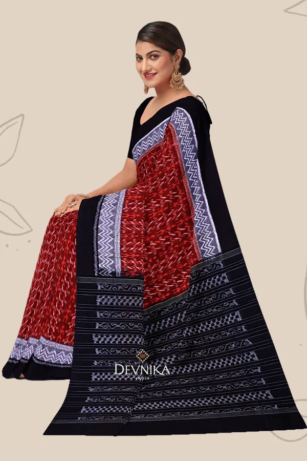 Brown_Cotton_Double_Border_Bandha_Handloom_Saree_For_Women