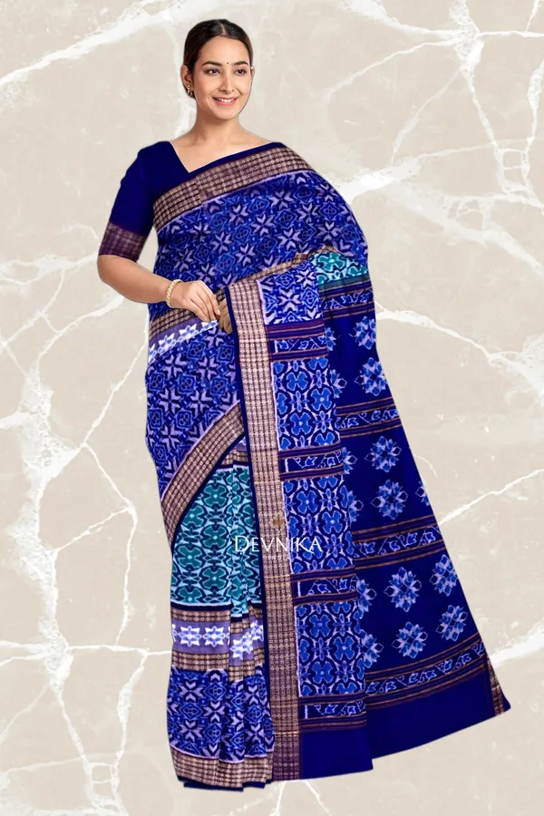 Blue_Cotton_Handloom_Double_Border_Bandha_Saree_For_Women