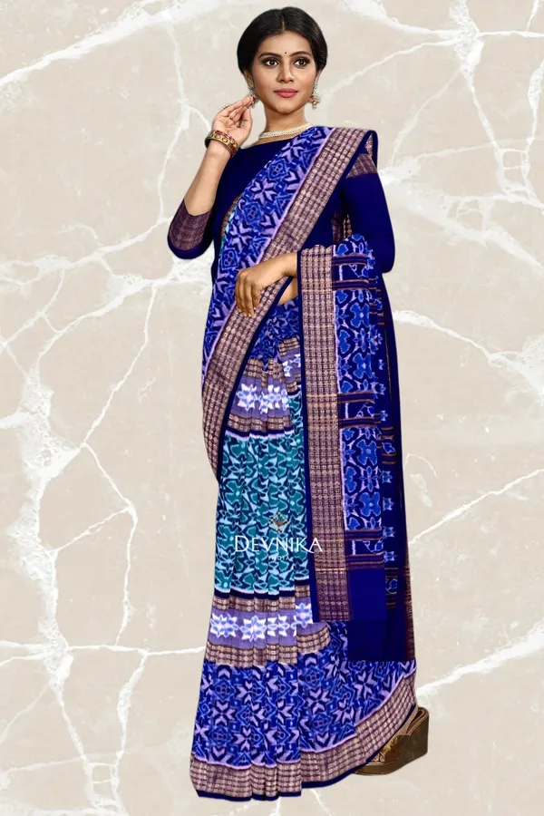 Blue_Cotton_Handloom_Double_Border_Bandha_Saree_For_Women