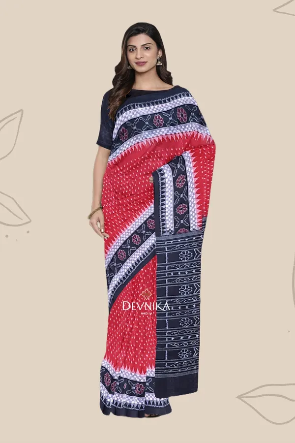 Red_Cotton_Handloom_Double_Border_Bandha_Saree_For_Women